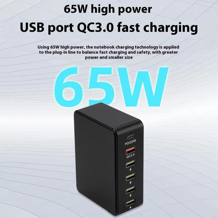 818PD QC3.0 PD 20W Fast Charging Station 5 USB + 1 Type-C Phone Tablet Desktop Charger - Black / EU Plug - 3