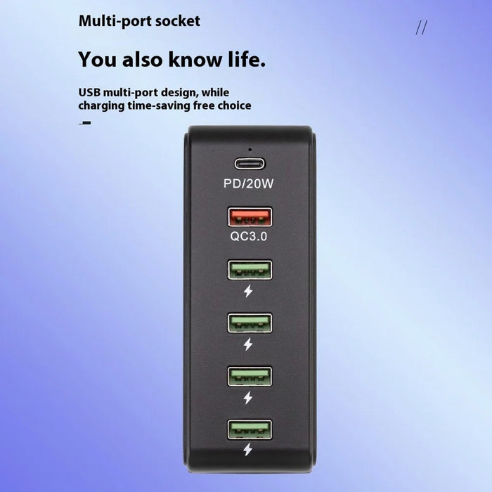 818PD QC3.0 PD 20W Fast Charging Station 5 USB + 1 Type-C Phone Tablet Desktop Charger - Black / EU Plug - 5