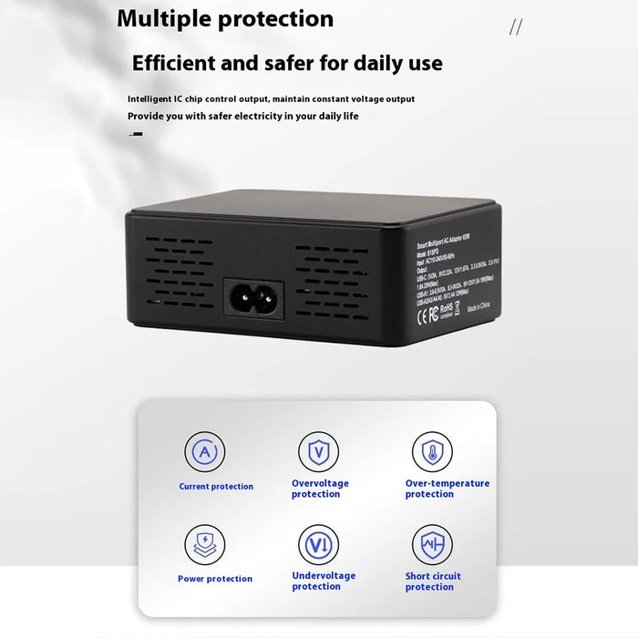 818PD QC3.0 PD 20W Fast Charging Station 5 USB + 1 Type-C Phone Tablet Desktop Charger - Black / EU Plug - 6