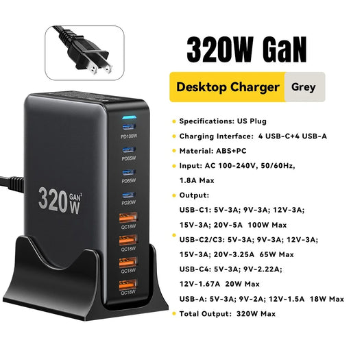 ESSAGER GaN Charging Station with 4 USB-C  + 4 USB-A Ports 100W Desktop Fast Charger for Laptop Phone Tablet - US Plug - 2