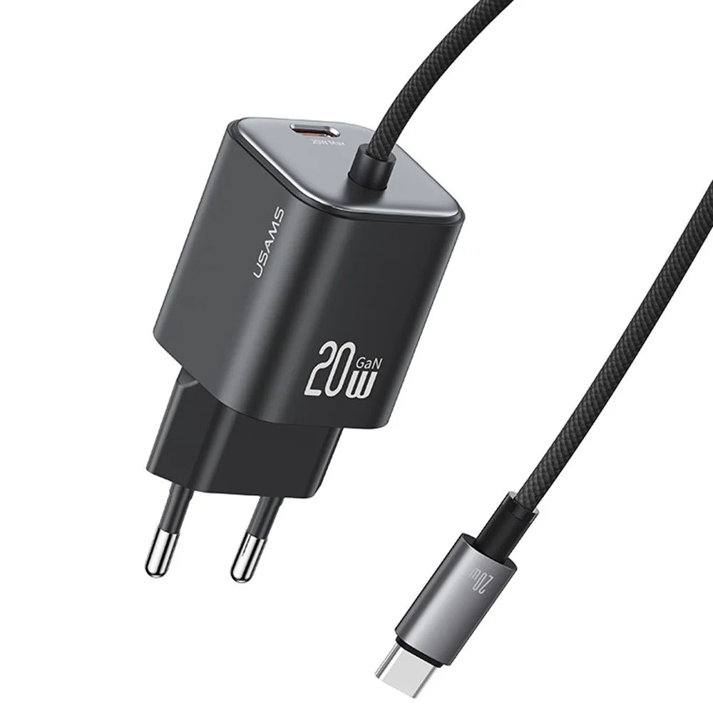 USAMS CC261 GaN Fast Charger Block 20W Dual Port Wall Charger with Type-C Cable, EU Plug - Black - 1