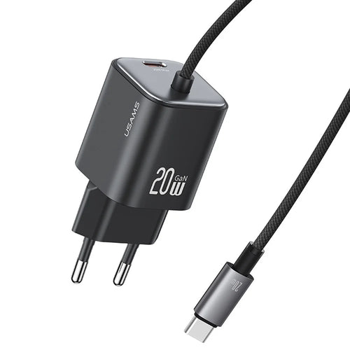 USAMS CC261 GaN Fast Charger Block 20W Dual Port Wall Charger with Type-C Cable, EU Plug - Black - 1
