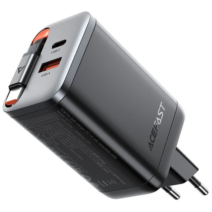 ACEFAST A111 67W GaN Charger USB-A+Type-C Adapter with Retractable USB-C Cable, EU Plug - 1