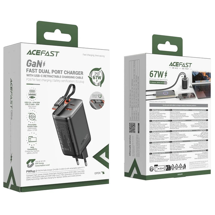 ACEFAST A111 67W GaN Charger USB-A+Type-C Adapter with Retractable USB-C Cable, EU Plug - 6