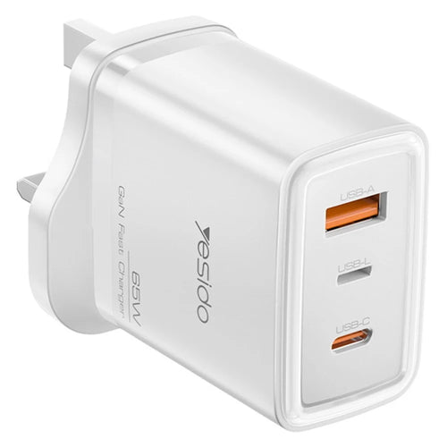 YESIDO YC89 USB-A + iP + Type-C 3-Port Power Adapter PD 65W Fast Charging Wall Charger, UK Plug - 1