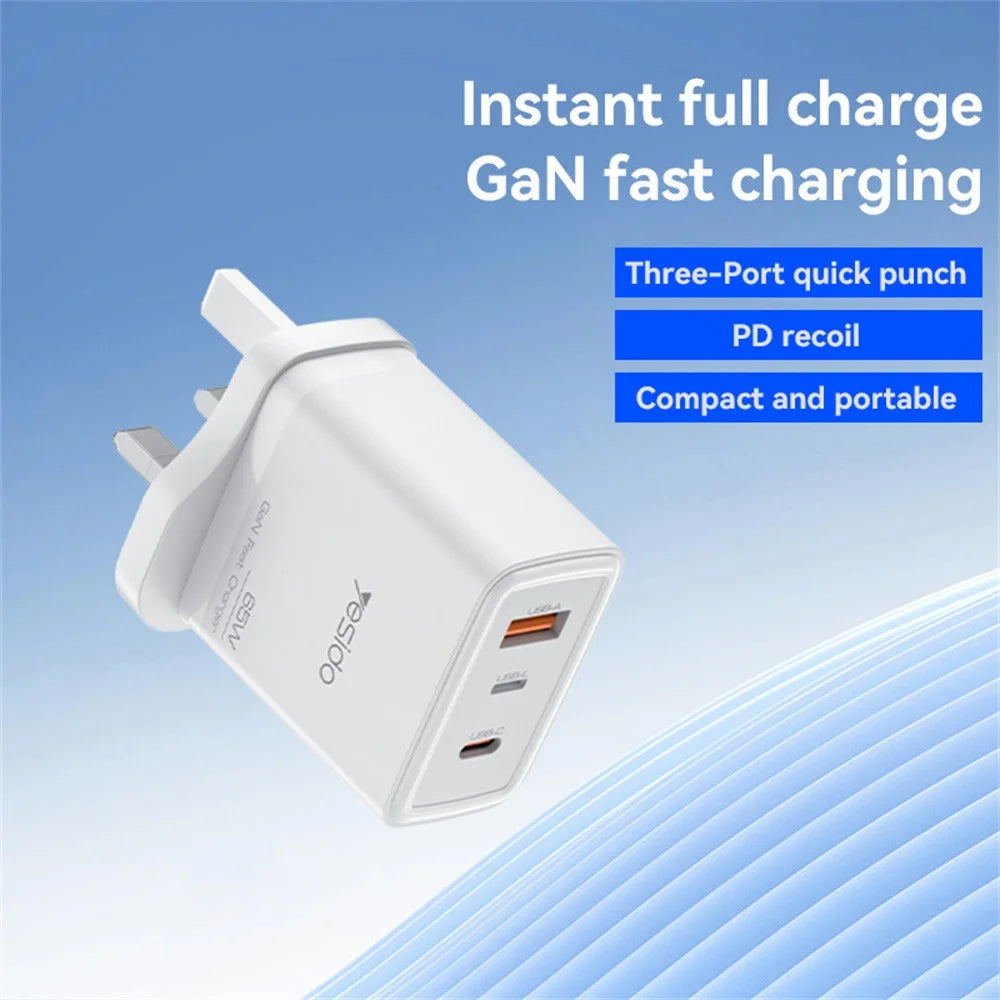 YESIDO YC89 USB-A + iP + Type-C 3-Port Power Adapter PD 65W Fast Charging Wall Charger, UK Plug - 2