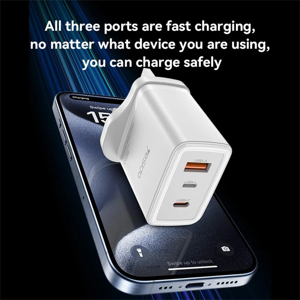 YESIDO YC89 USB-A + iP + Type-C 3-Port Power Adapter PD 65W Fast Charging Wall Charger, UK Plug - 3