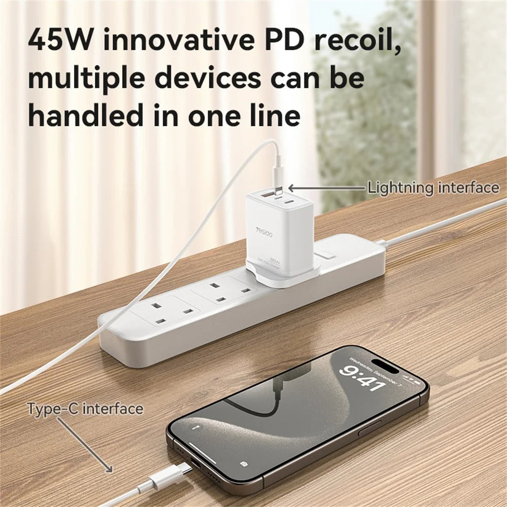 YESIDO YC89 USB-A + iP + Type-C 3-Port Power Adapter PD 65W Fast Charging Wall Charger, UK Plug - 5