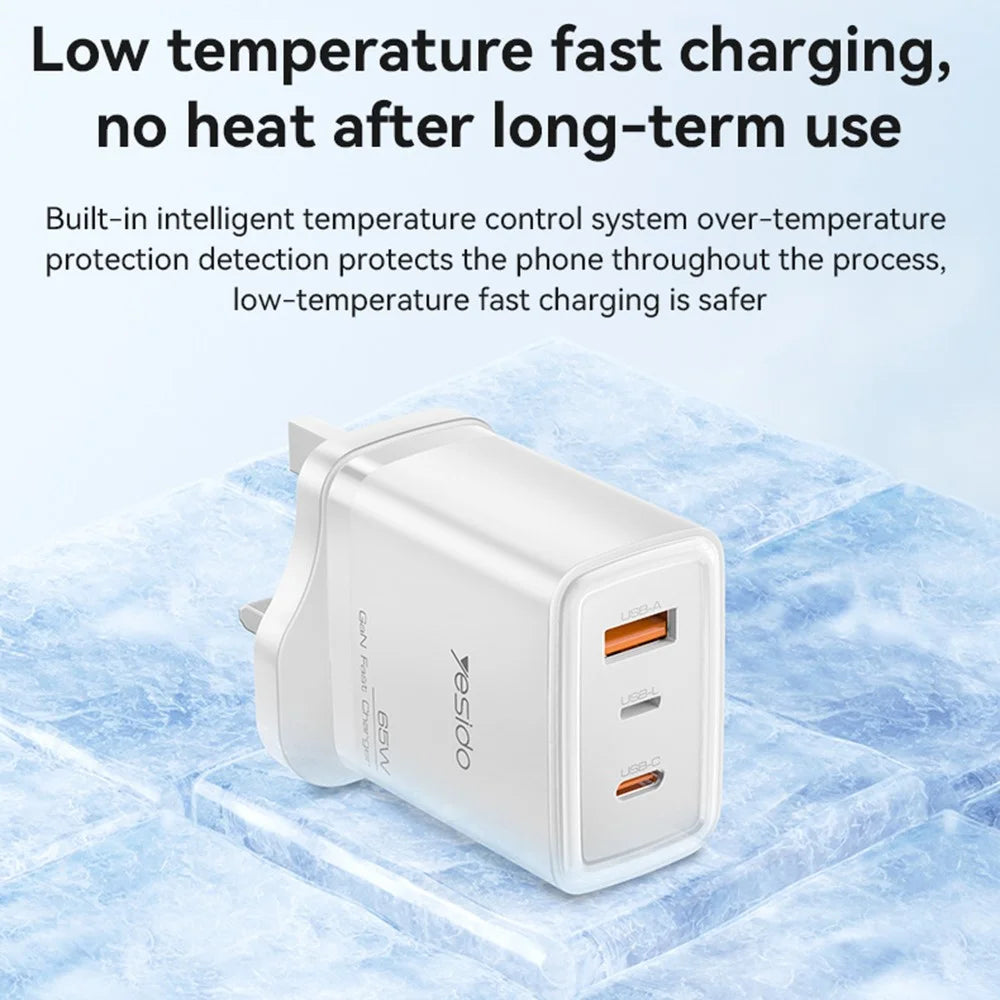 YESIDO YC89 USB-A + iP + Type-C 3-Port Power Adapter PD 65W Fast Charging Wall Charger, UK Plug - 6
