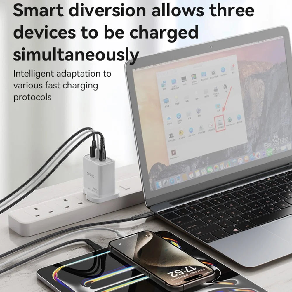 YESIDO YC89 USB-A + iP + Type-C 3-Port Power Adapter PD 65W Fast Charging Wall Charger, UK Plug - 7