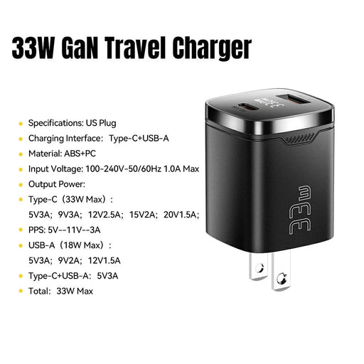 ESSAGER 33W Fast Charging Digital Display USB A + Type C Dual Port GaN Travel Charger - US Plug / Black - 2