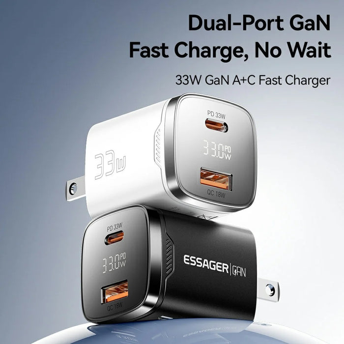 ESSAGER 33W Fast Charging Digital Display USB A + Type C Dual Port GaN Travel Charger - US Plug / Black - 3