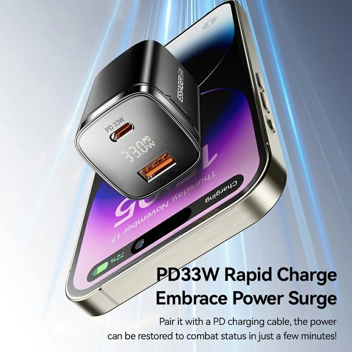 ESSAGER 33W Fast Charging Digital Display USB A + Type C Dual Port GaN Travel Charger - US Plug / Black - 4