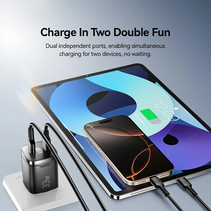 ESSAGER 33W Fast Charging Digital Display USB A + Type C Dual Port GaN Travel Charger - US Plug / Black - 7