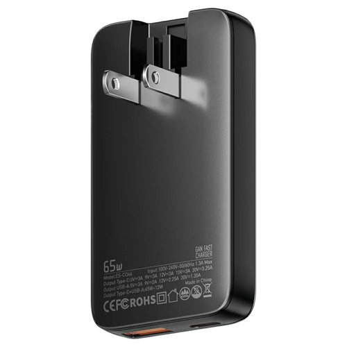 ESSAGER 65W Fast Charging Adapter USB A + Type C Dual Ports Ultra Slim GaN Travel Charger - US Plug - 1