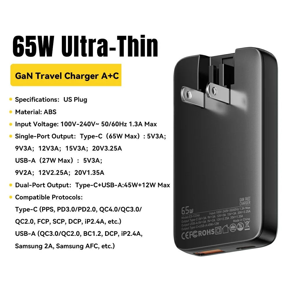 ESSAGER 65W Fast Charging Adapter USB A + Type C Dual Ports Ultra Slim GaN Travel Charger - US Plug - 2