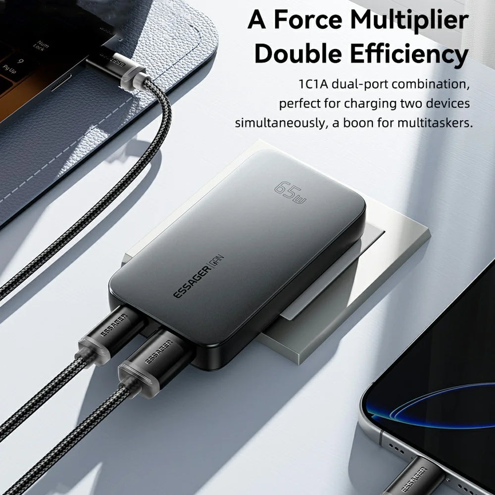 ESSAGER 65W Fast Charging Adapter USB A + Type C Dual Ports Ultra Slim GaN Travel Charger - US Plug - 4