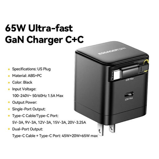 ESSAGER Portable 65W Fast Charging USB C Travel Charger with Retractable Type C Cable - US Plug - 2