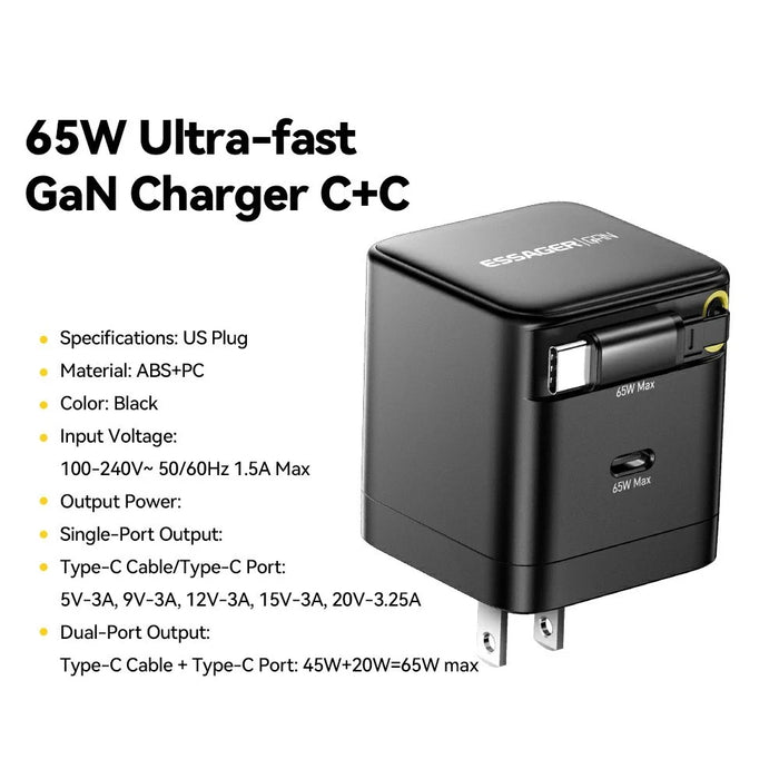 ESSAGER Portable 65W Fast Charging USB C Travel Charger with Retractable Type C Cable - US Plug - 2