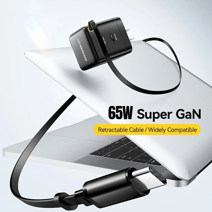 ESSAGER Portable 65W Fast Charging USB C Travel Charger with Retractable Type C Cable - US Plug - 3