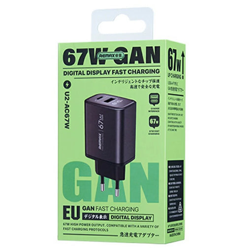 REMAX U2-AC67W GaN Digital Display Fast Charging Adapter Laptop Tablet Phone Type-C USB-A Charger - EU Plug - 2