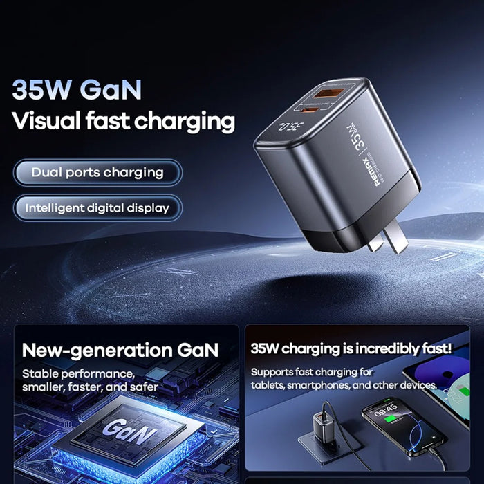 REMAX U2-AC35W GaN Digital Display Fast Charger Adapter 35W Type-C  /  30W USB-A Dual Port Adapter - EU Plug - 3