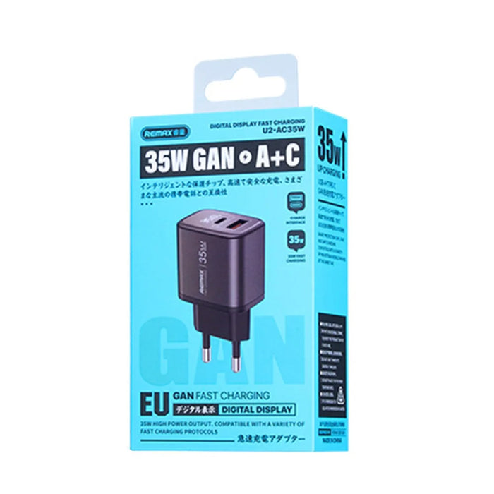 REMAX U2-AC35W GaN Digital Display Fast Charger Adapter 35W Type-C  /  30W USB-A Dual Port Adapter - EU Plug - 4