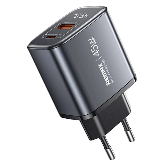 Remax U2-AC45W GaN Charger Digital Display Fast Charging Adapter 45W Type-C 30W USB-A EU Plug - 1