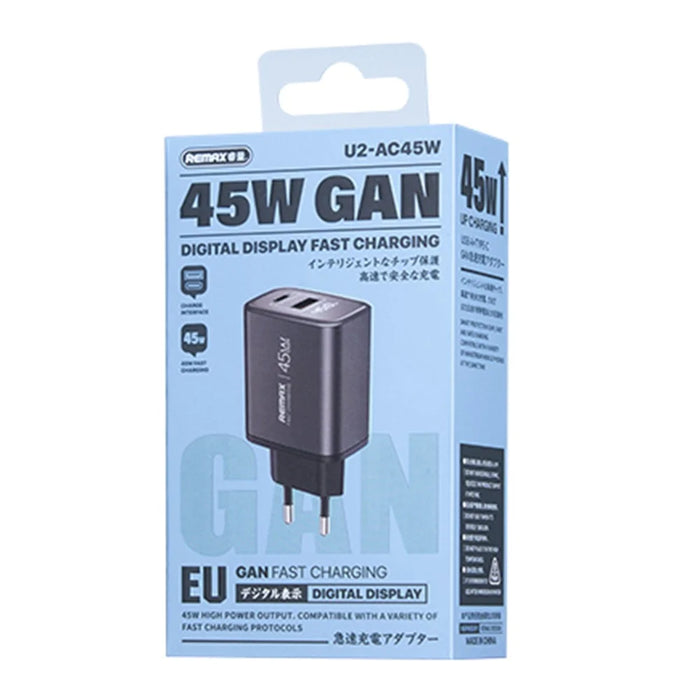 Remax U2-AC45W GaN Charger Digital Display Fast Charging Adapter 45W Type-C 30W USB-A EU Plug - 3