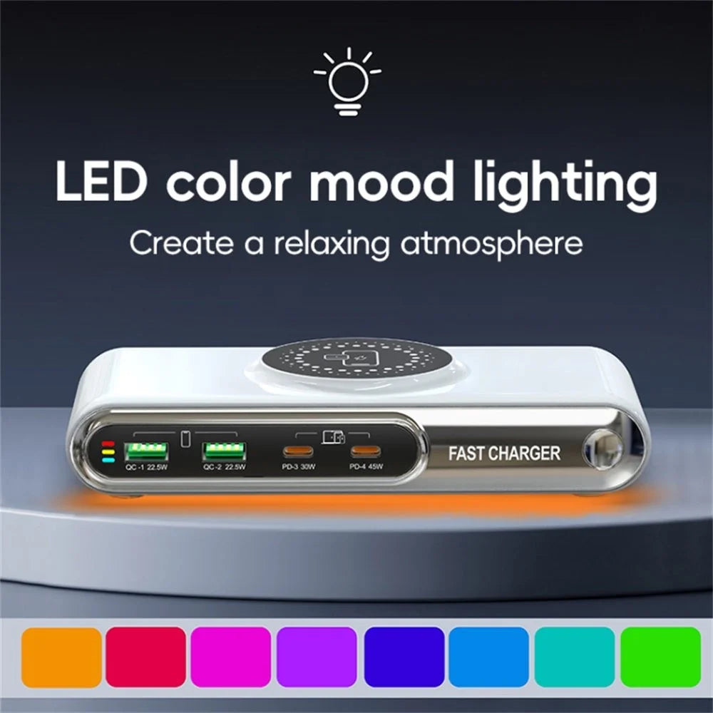 F9A 6 In 1 Multifunction 72W Smart Wireless Charger with 2 USB + 2 Type C Ports and LED Ambient Light - US Plug - 4