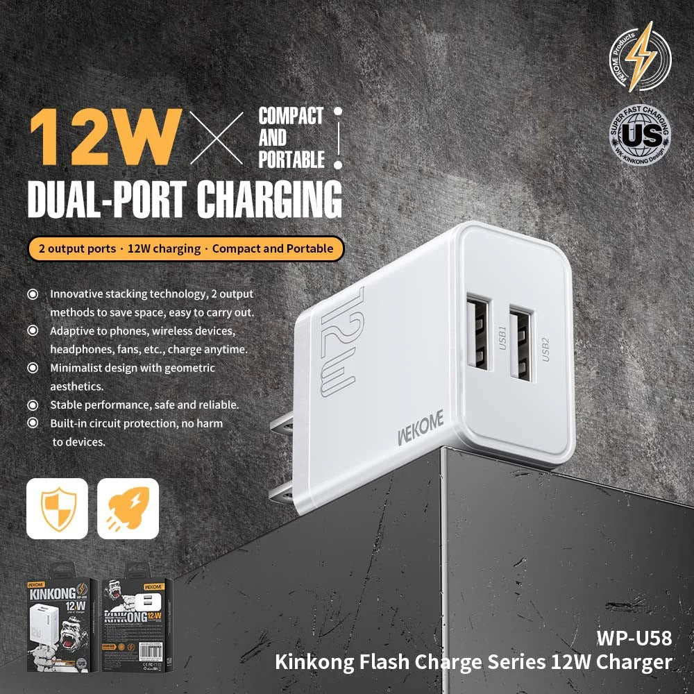 WEKOME WP-U58 12W USB Wall Charger Dual Port Fast Charging Adapter - US Plug - 2