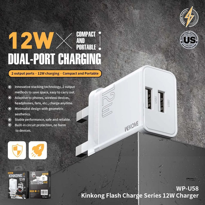 WEKOME WP-U58 12W USB Wall Charger Dual Port Fast Charging Adapter - UK Plug - 2