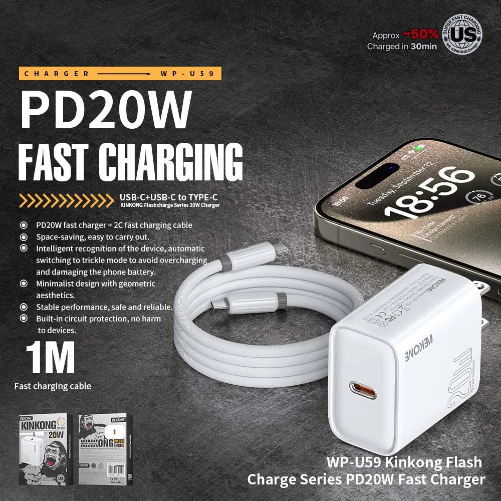 WEKOME WP-U59 PD20W Fast Charger Type-C Power Adapter with Cable - US Plug - 2