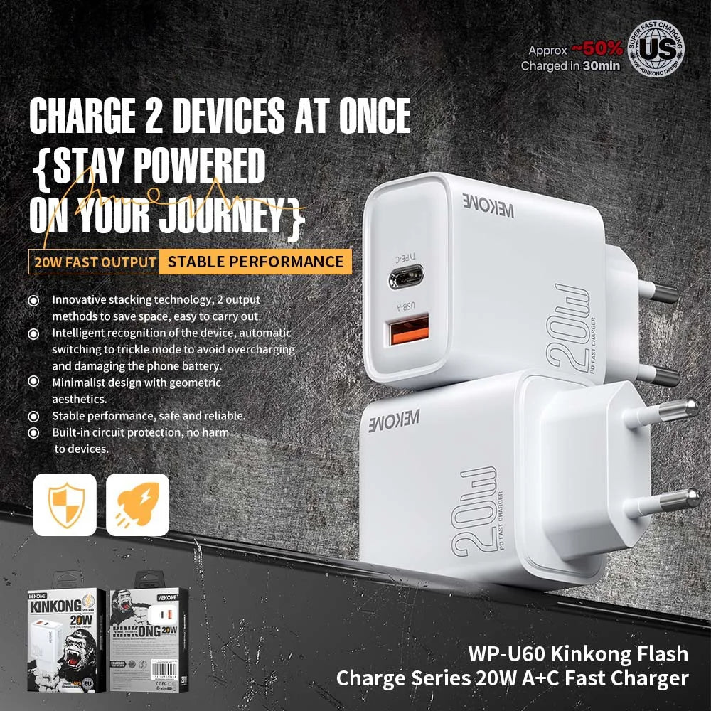 WEKOME WP-U60 20W Fast Charger USB-A / Type-C Dual Port Portable Wall Charger Adapter (EU Plug) - 2