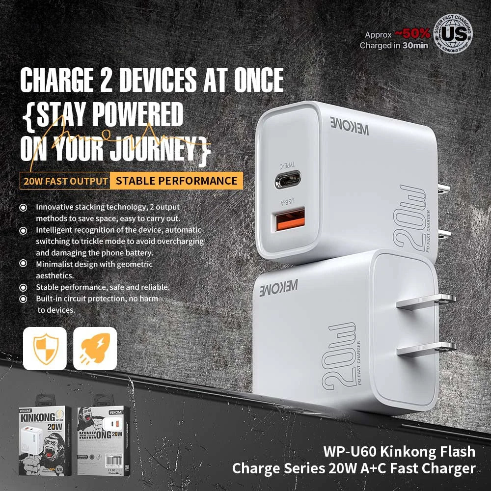 WEKOME WP-U60 20W Wall Charger Dual Port USB-A / Type-C Fast Charger for Smartphones / Tablets (US Plug) - 2