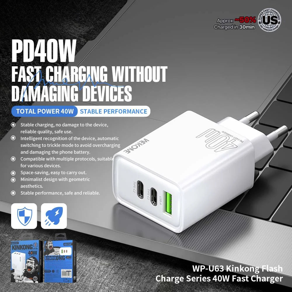 WEKOME WP-U63 40W Fast Charger USB-A  /  Dual Type-C Ports Wall Charger Adapter - EU Plug - 2