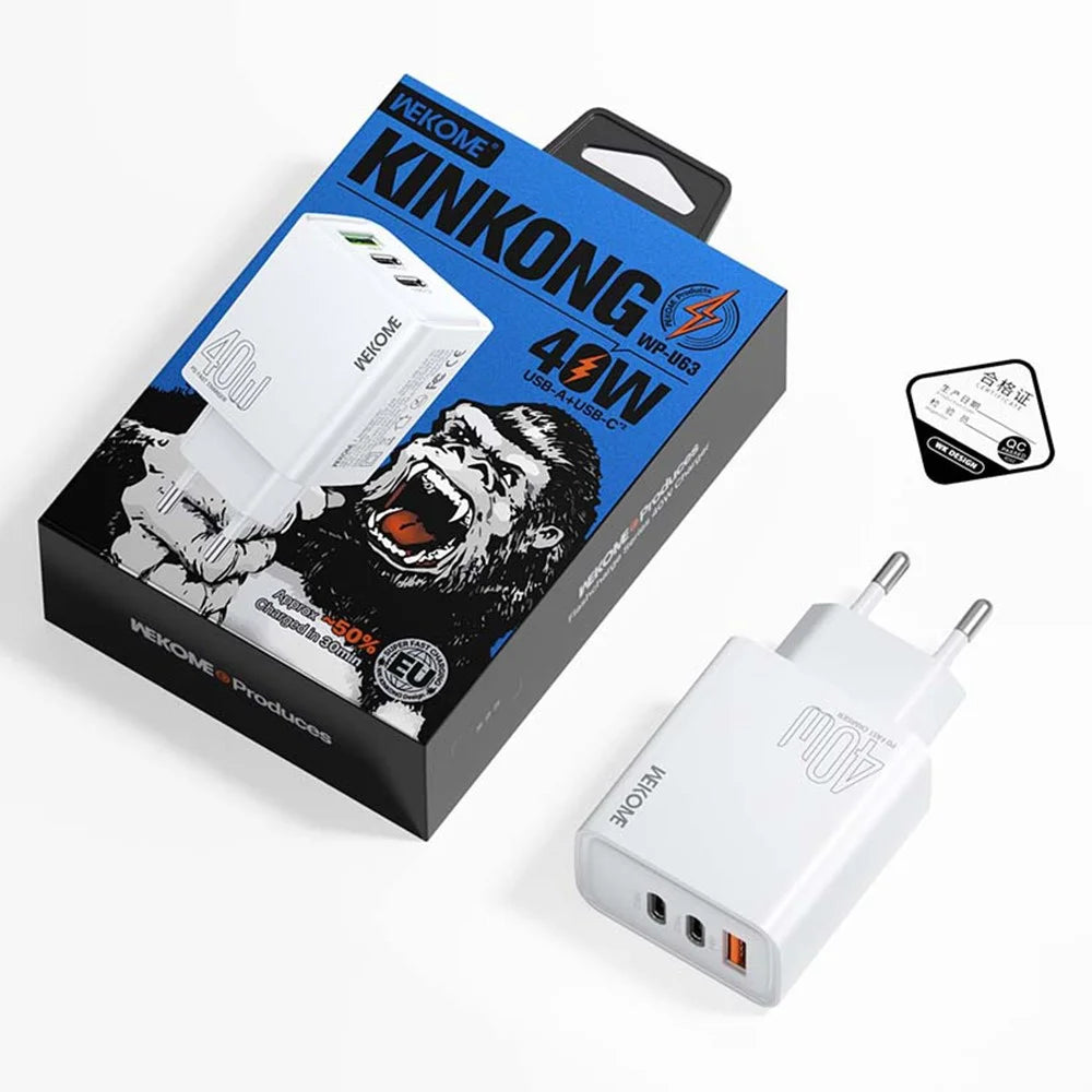 WEKOME WP-U63 40W Fast Charger USB-A  /  Dual Type-C Ports Wall Charger Adapter - EU Plug - 3