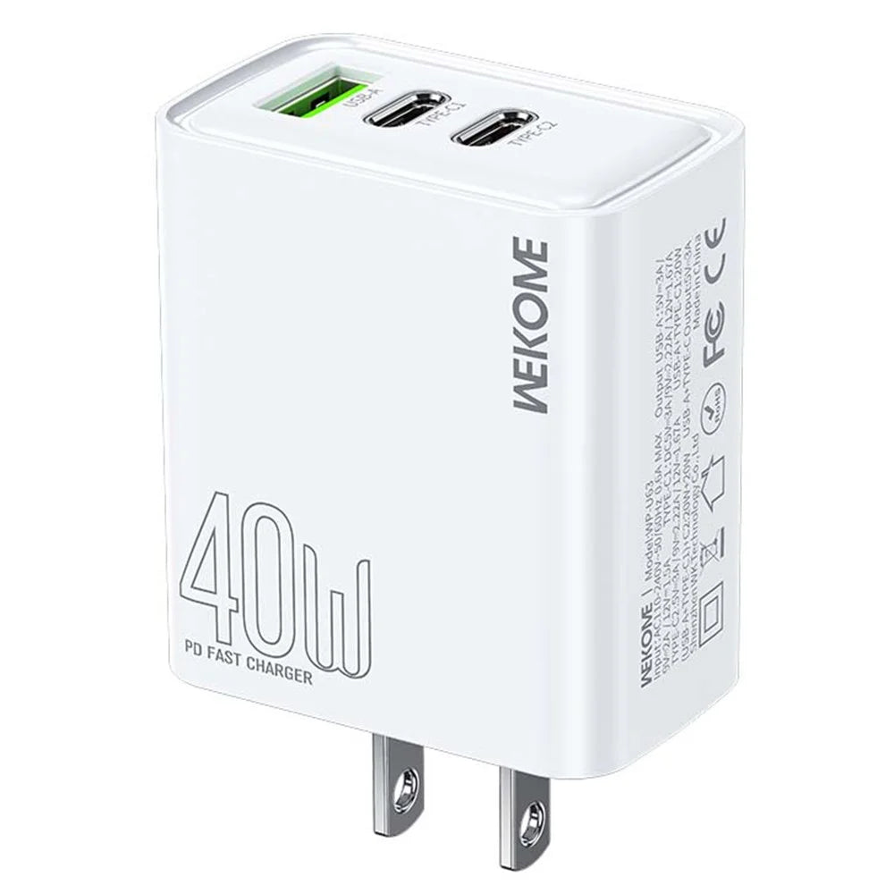 WEKOME WP-U63 40W Fast Charger USB-A  /  Dual Type-C Ports Power Charger Adapter - US Plug - 1