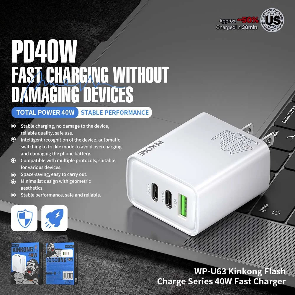 WEKOME WP-U63 40W Fast Charger USB-A  /  Dual Type-C Ports Power Charger Adapter - US Plug - 2