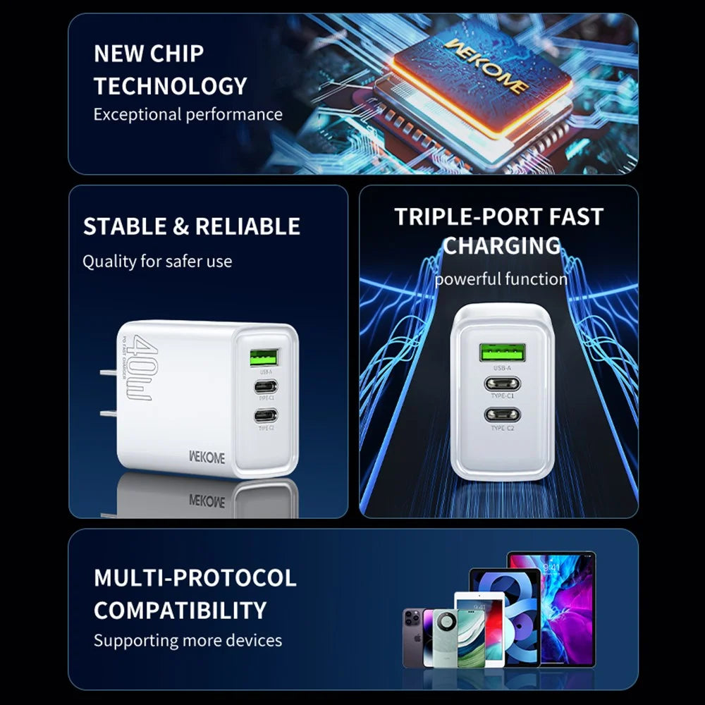 WEKOME WP-U63 40W Fast Charger USB-A  /  Dual Type-C Ports Power Charger Adapter - US Plug - 3