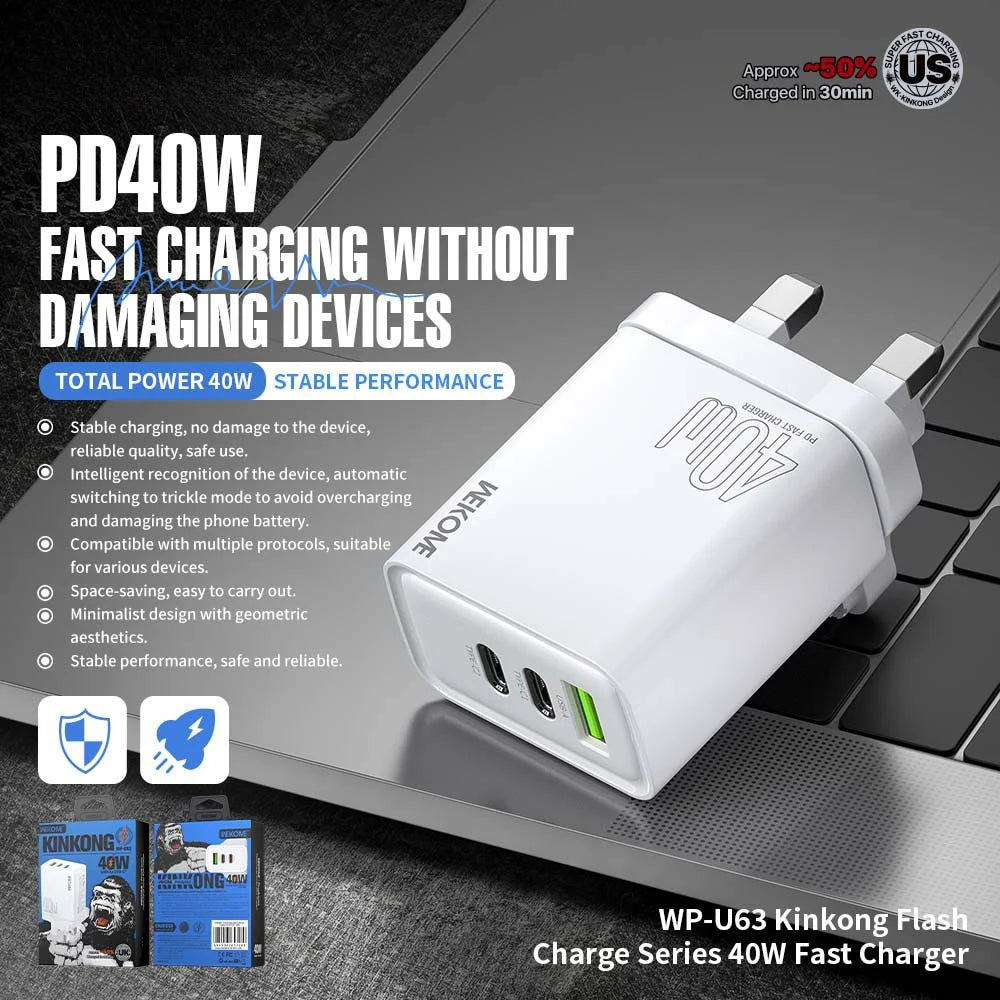 WEKOME WP-U63 40W Fast Charger USB-A + 2 Type-C Ports Portable Wall Charger Adapter - UK Plug - 2