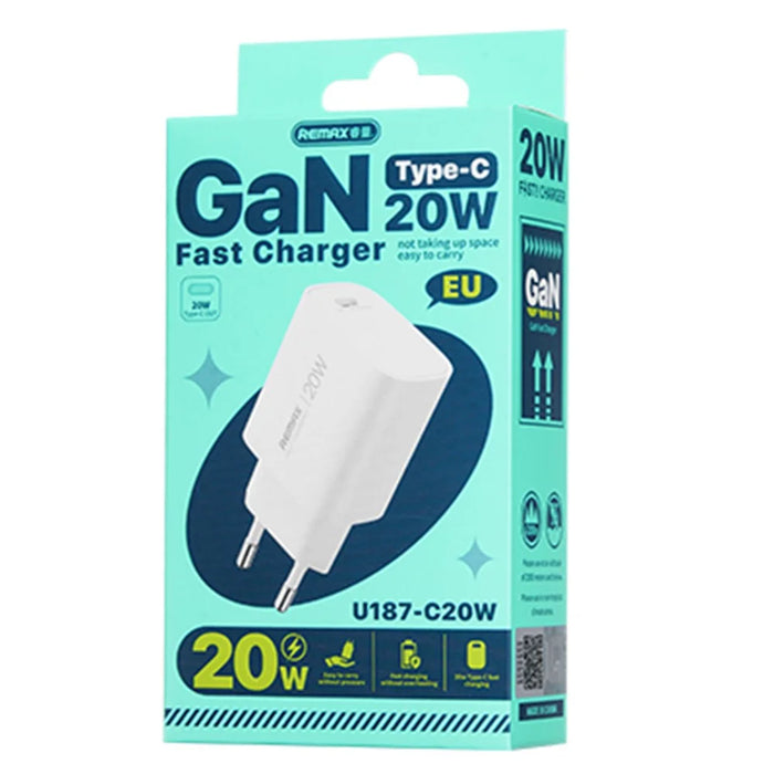 REMAX U187-C20W GaN Fast Charging Adapter Type-C PD 20W Compact Portable Charger - EU Plug - 2