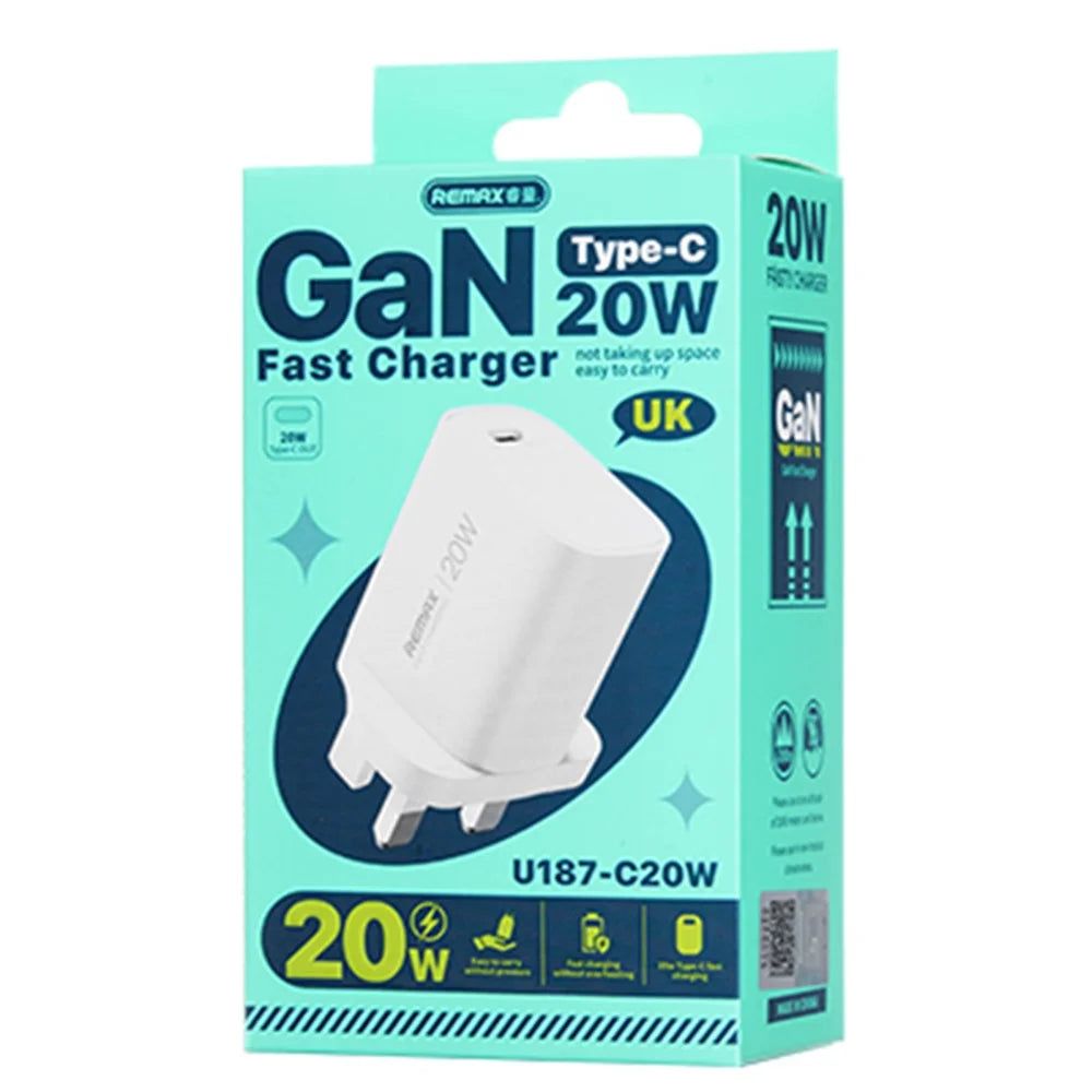 REMAX U187-C20W GaN Fast Charging Adapter Type-C PD 20W Compact Portable Charger - UK Plug - 2