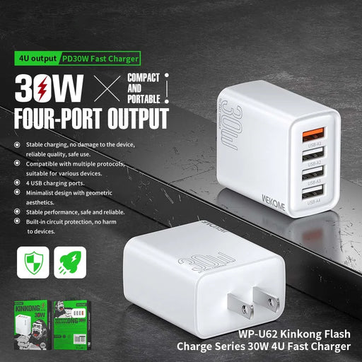 WEKOME WP-U62 30W 4-Port USB-A Fast Charger Wall Adapter Multi-Port Charging US Plug for Phone Tablet - 2