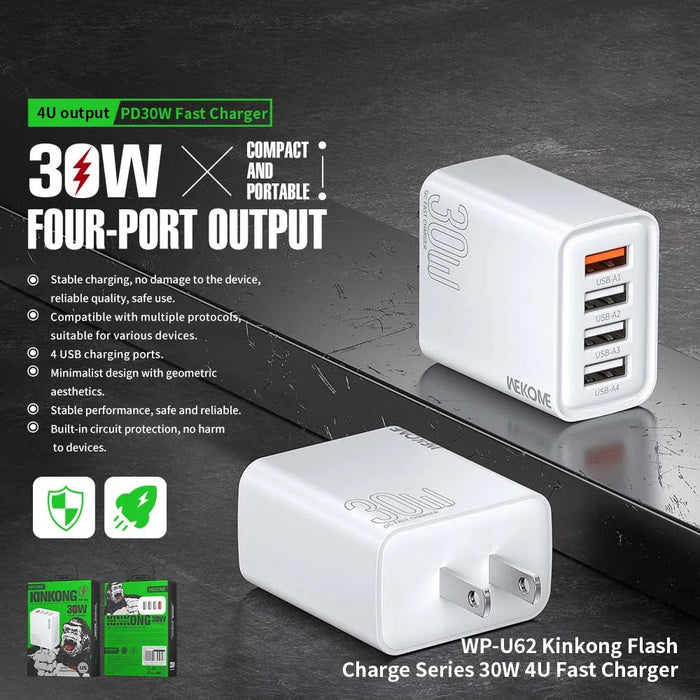 WEKOME WP-U62 30W 4-Port USB-A Fast Charger Wall Adapter Multi-Port Charging US Plug for Phone Tablet - 2