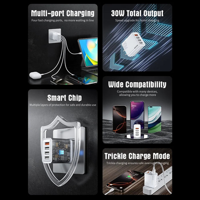 WEKOME WP-U62 30W 4-Port USB-A Fast Charger Wall Adapter Multi-Port Charging US Plug for Phone Tablet - 3