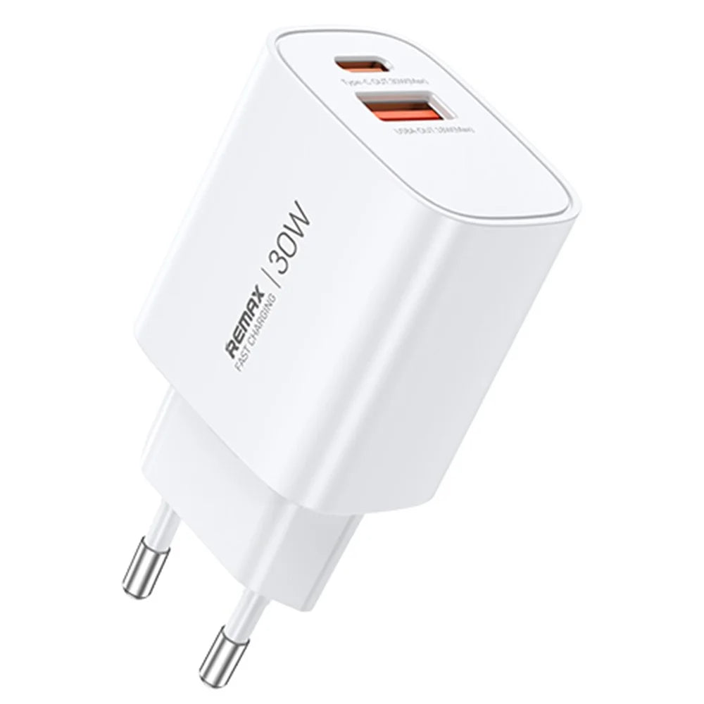 REMAX U187-AC30W GaN Fast Charger Adapter Dual Port USB-A / Type-C PD 30W QC 3.0 Wall Charger - EU Plug - 1