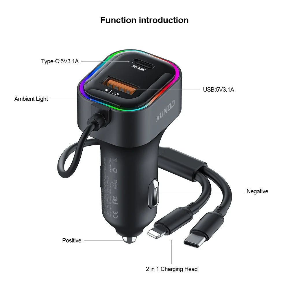 XUNDD XDCH-106 Car Charger 22.5W Dual Cable Auto Adapter Fast Charging Multi-Port Compatible - 6