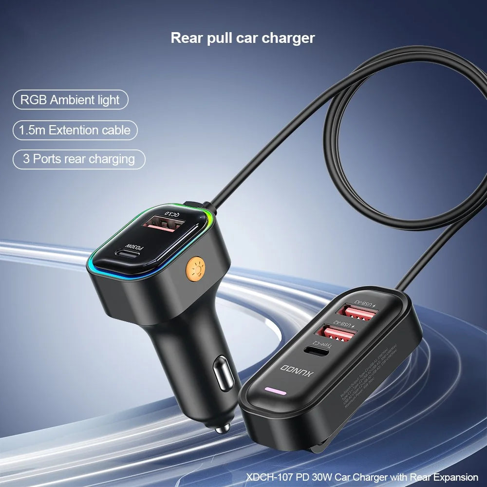 XUNDD XDCH-107 PD 30W Car Charger with Rear Seat Charging Ports Fast Charging  /  RGB Ambient Light - 2