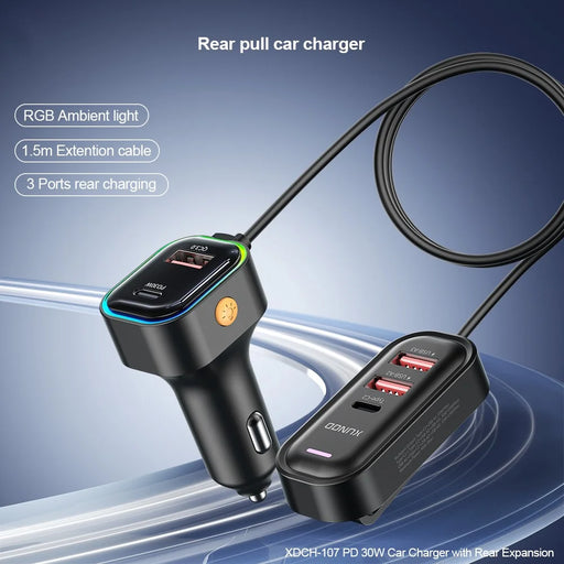 XUNDD XDCH-107 PD 30W Car Charger with Rear Seat Charging Ports Fast Charging  /  RGB Ambient Light - 2